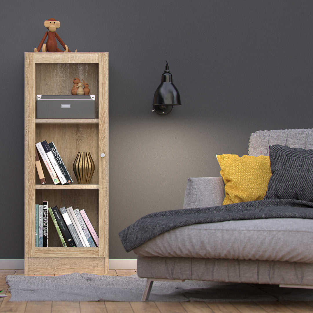 Basic Low Narrow Display Cabinet in Oak (2 Shelves) with Glass  Oak Door
