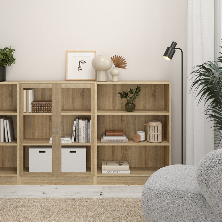 Basic Low Narrow Display Cabinet in Oak (2 Shelves) with Glass  Oak Door