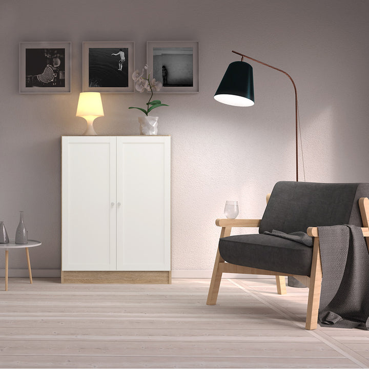 Basic Low Narrow Storage Cabinet in Oak (2 Shelves) with White Door
