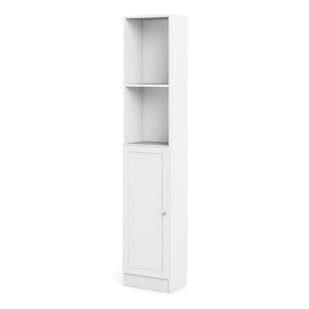 Basic Tall Narrow Combination Storage Bookcase in White (4 Shelves) with Glass White Door