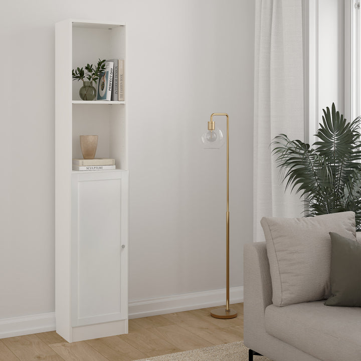 Basic Tall Narrow Combination Storage Bookcase in White (4 Shelves) with Glass White Door
