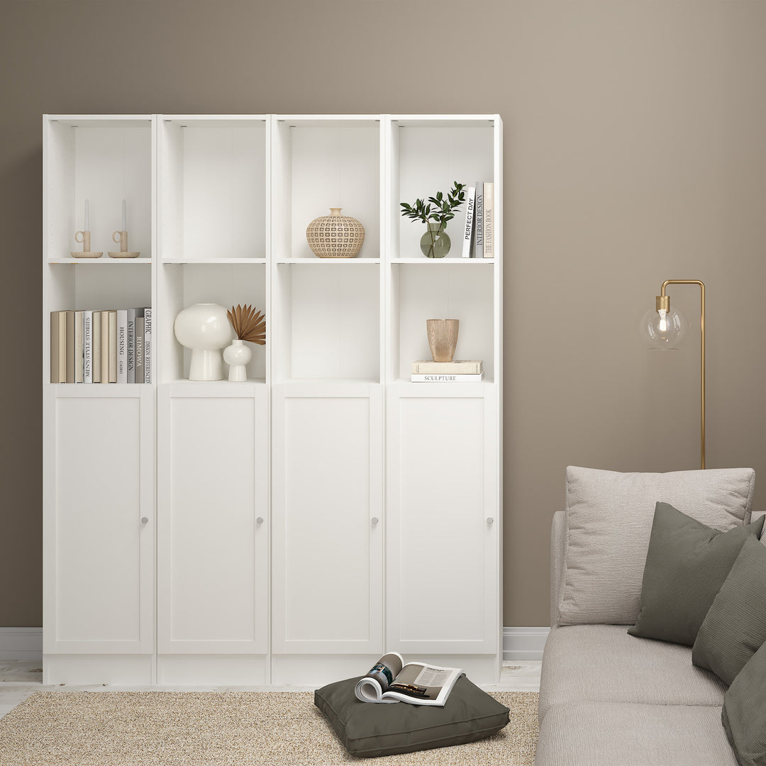 Basic Tall Narrow Combination Storage Bookcase in White (4 Shelves) with Glass White Door
