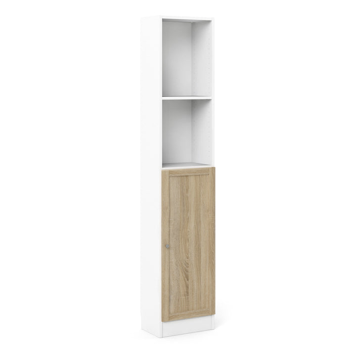 Basic Tall Narrow Combination Storage Bookcase in White (4 Shelves) with Glass Oak Door