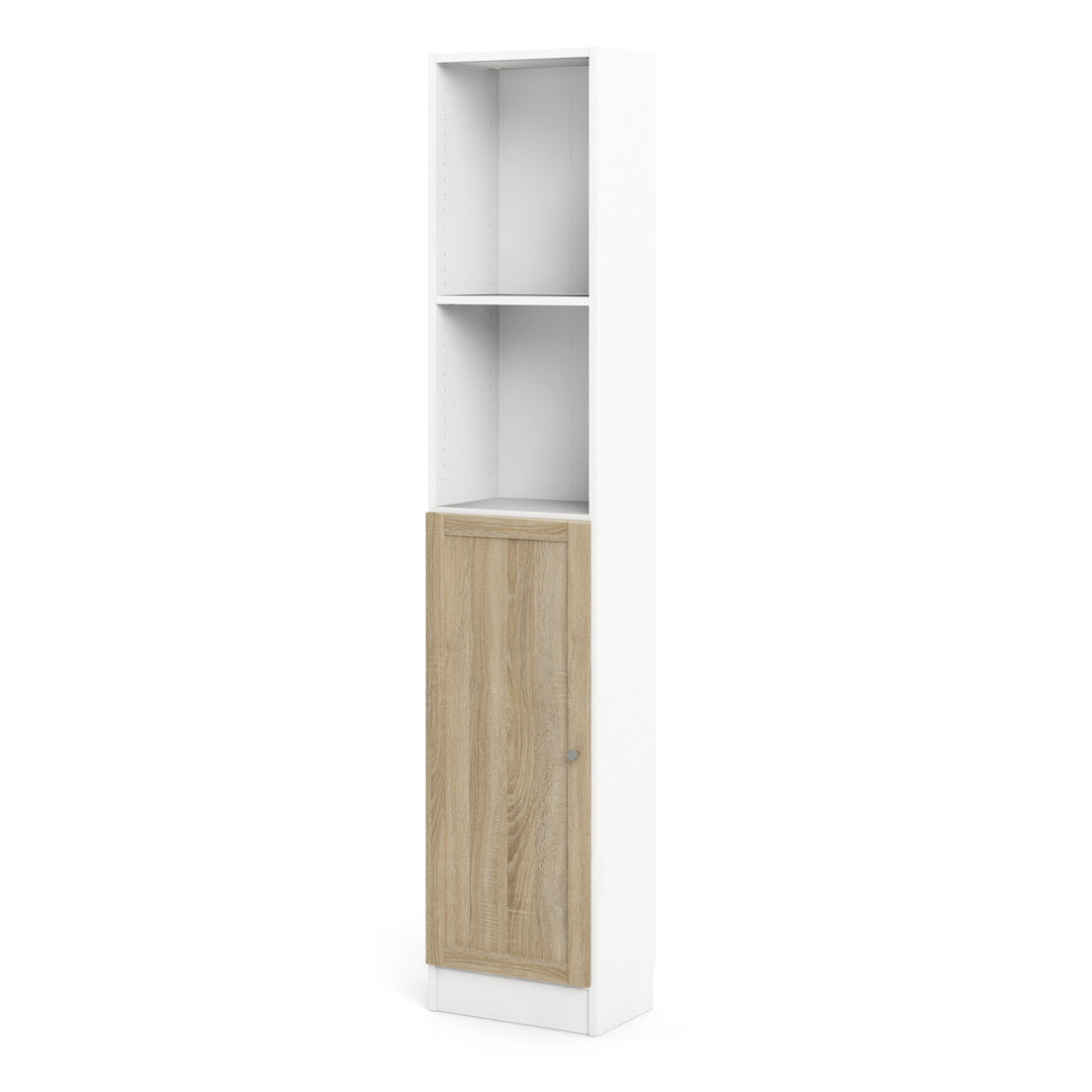 Basic Tall Narrow Combination Storage Bookcase in White (4 Shelves) with Glass Oak Door