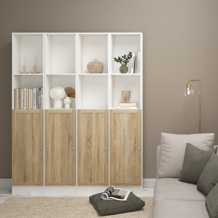 Basic Tall Narrow Combination Storage Bookcase in White (4 Shelves) with Glass Oak Door