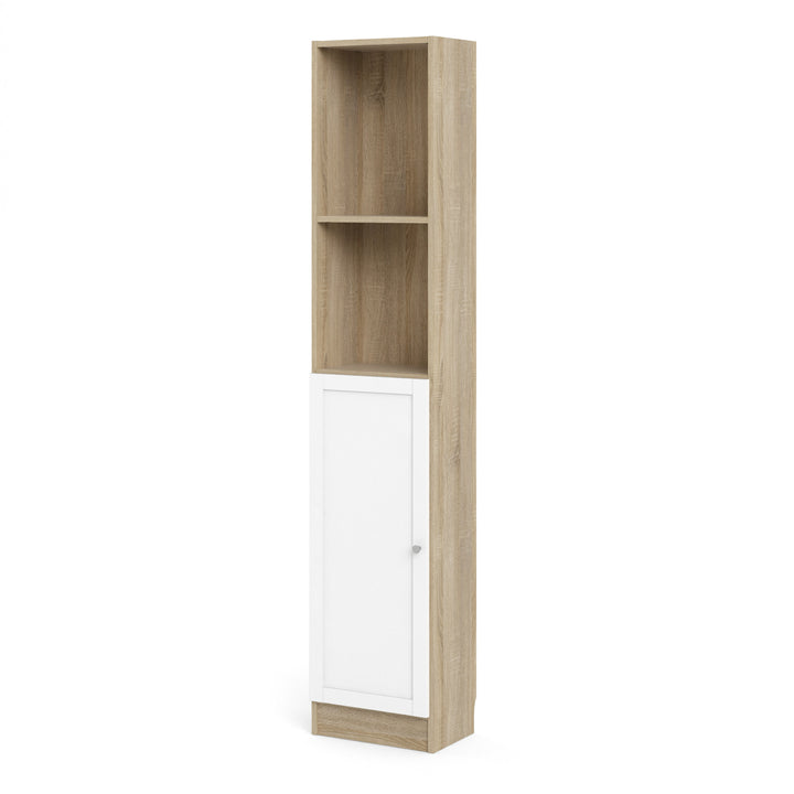 Basic Tall Narrow Combination Storage Bookcase in Oak (4 Shelves) with White Door