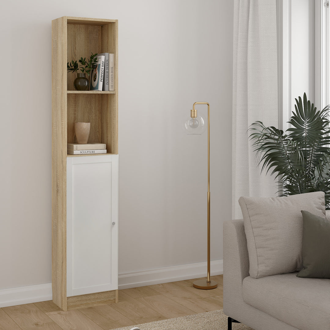 Basic Tall Narrow Combination Storage Bookcase in Oak (4 Shelves) with White Door