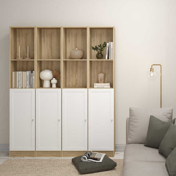 Basic Tall Narrow Combination Storage Bookcase in Oak (4 Shelves) with White Door