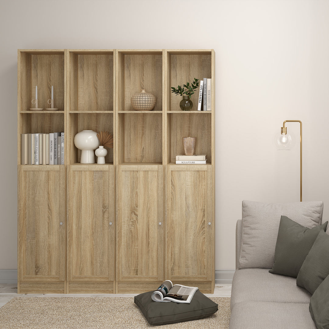 Basic Tall Narrow Combination Storage Bookcase in Oak (4 Shelves) with Oak Door