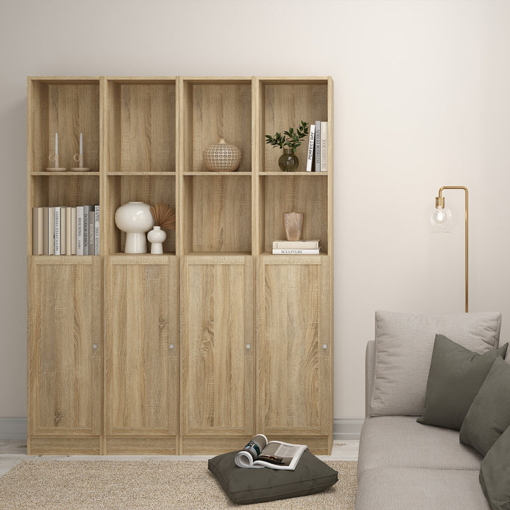 Basic Tall Narrow Combination Storage Bookcase in Oak (4 Shelves) with Oak Door