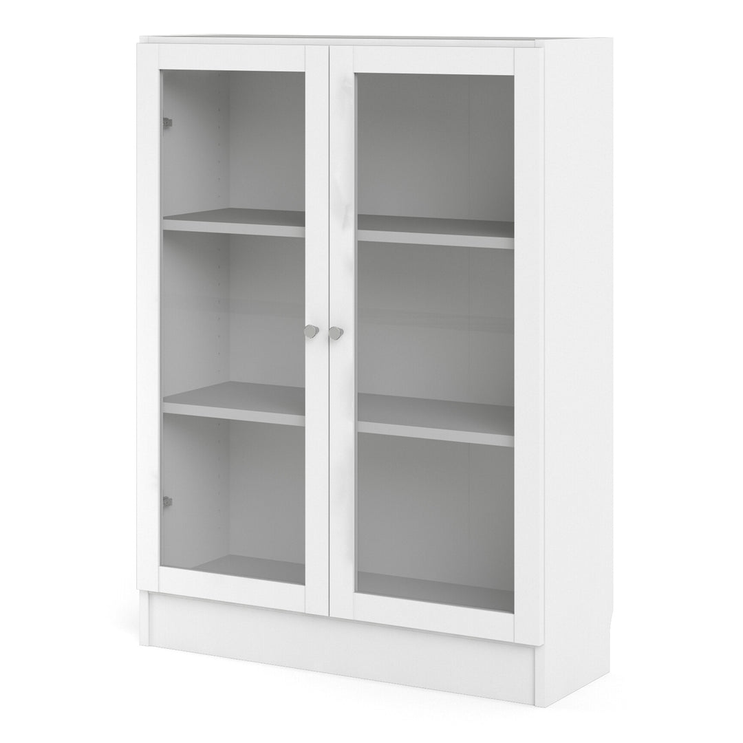 Basic Low Wide Display Cabinet in White (2 Shelves) with 2 Glass Doors in White