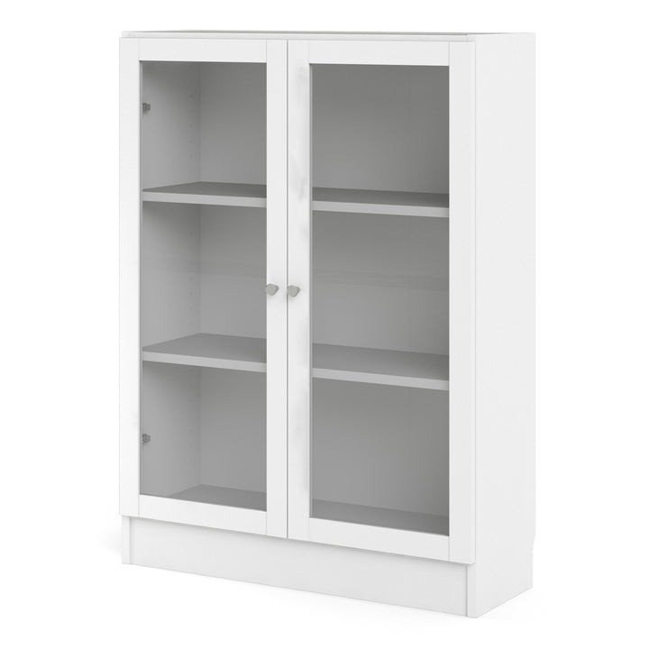 Basic Low Wide Display Cabinet in White (2 Shelves) with 2 Glass Doors in White