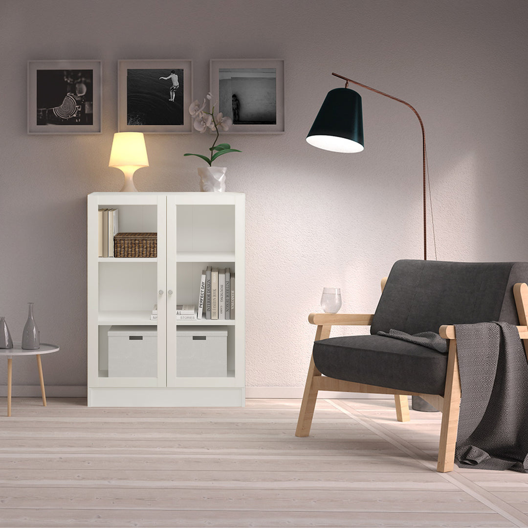 Basic Low Wide Display Cabinet in White (2 Shelves) with 2 Glass Doors in White