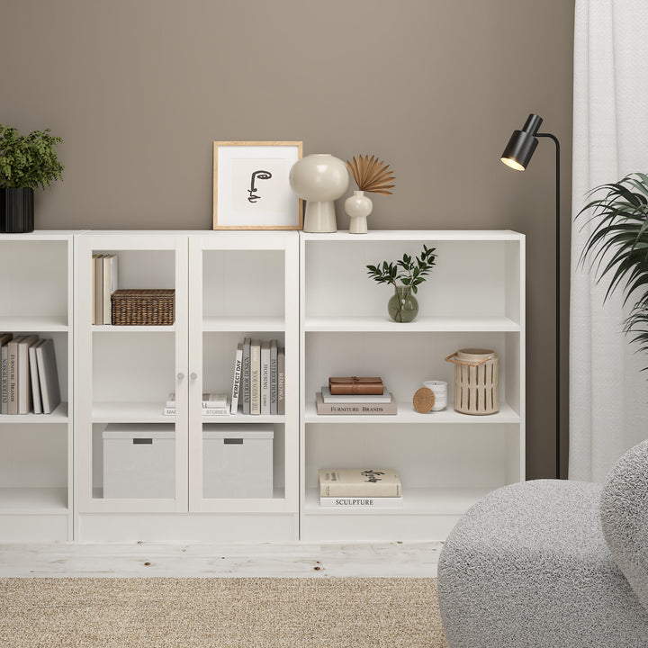 Basic Low Wide Display Cabinet in White (2 Shelves) with 2 Glass Doors in White