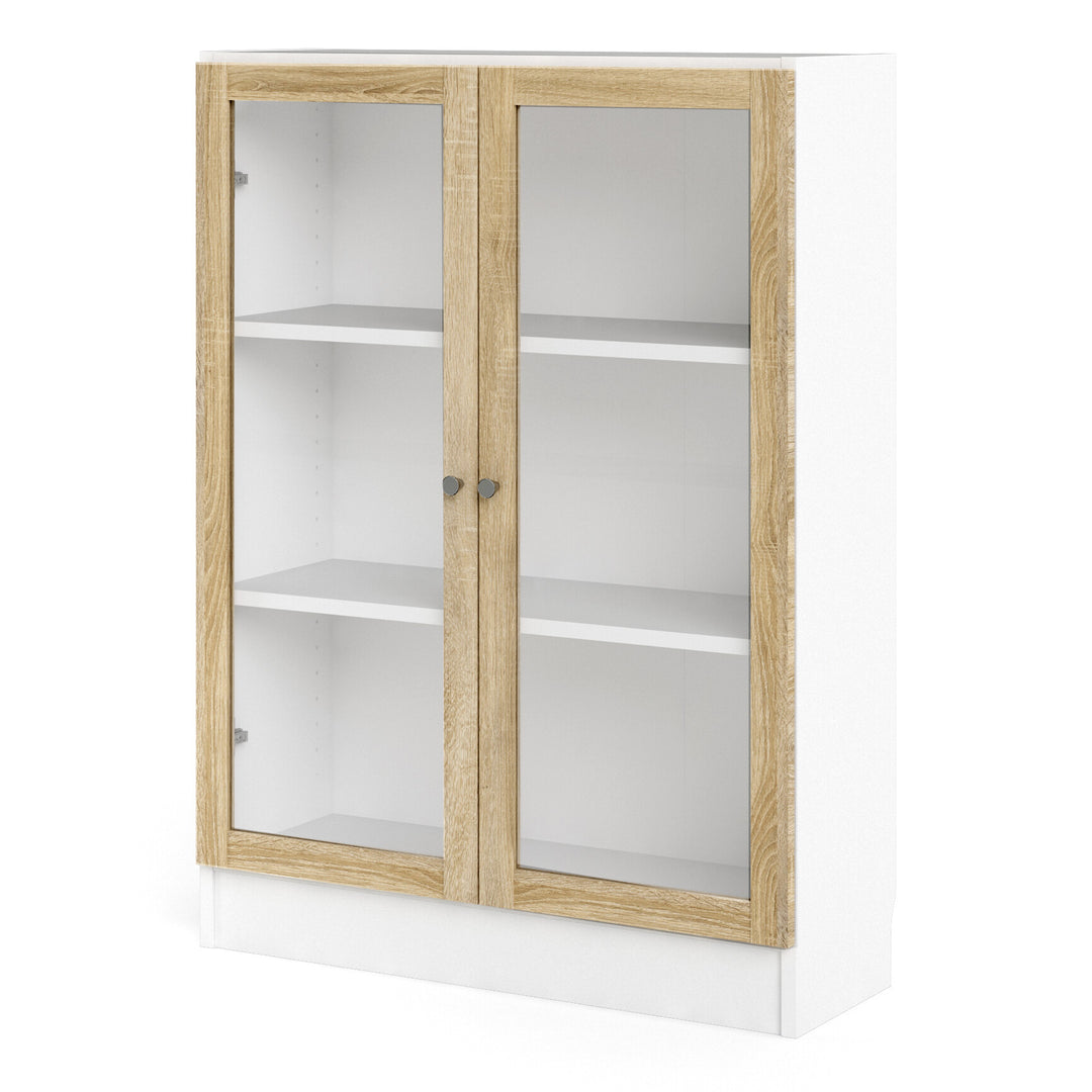 Basic Low Wide Display Cabinet in White (2 Shelves) with 2 Glass Doors in Oak