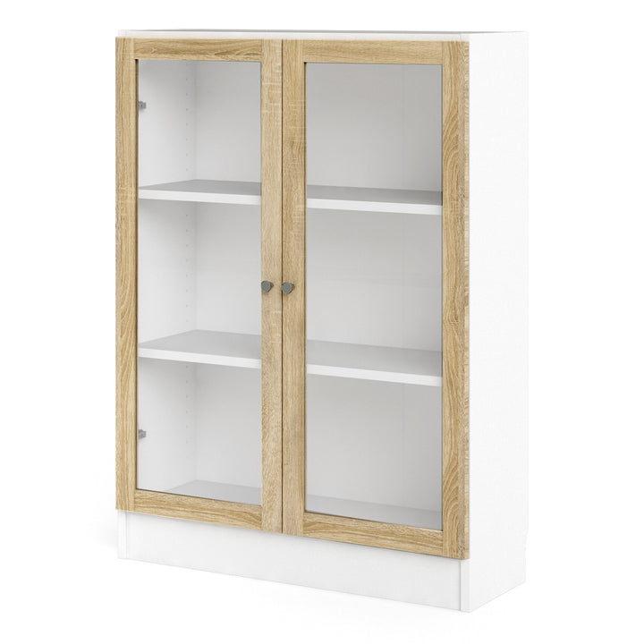 Basic Low Wide Display Cabinet in White (2 Shelves) with 2 Glass Doors in Oak