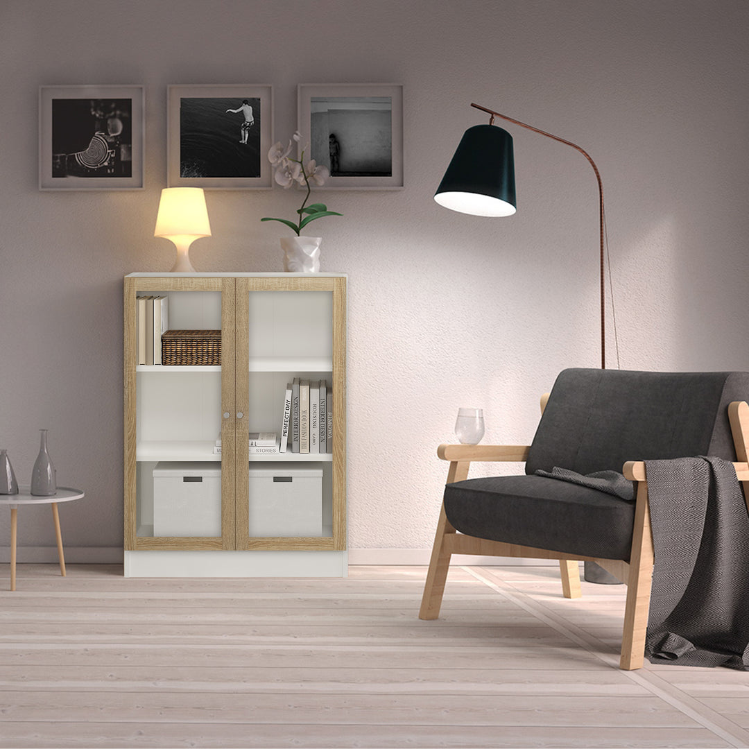 Basic Low Wide Display Cabinet in White (2 Shelves) with 2 Glass Doors in Oak