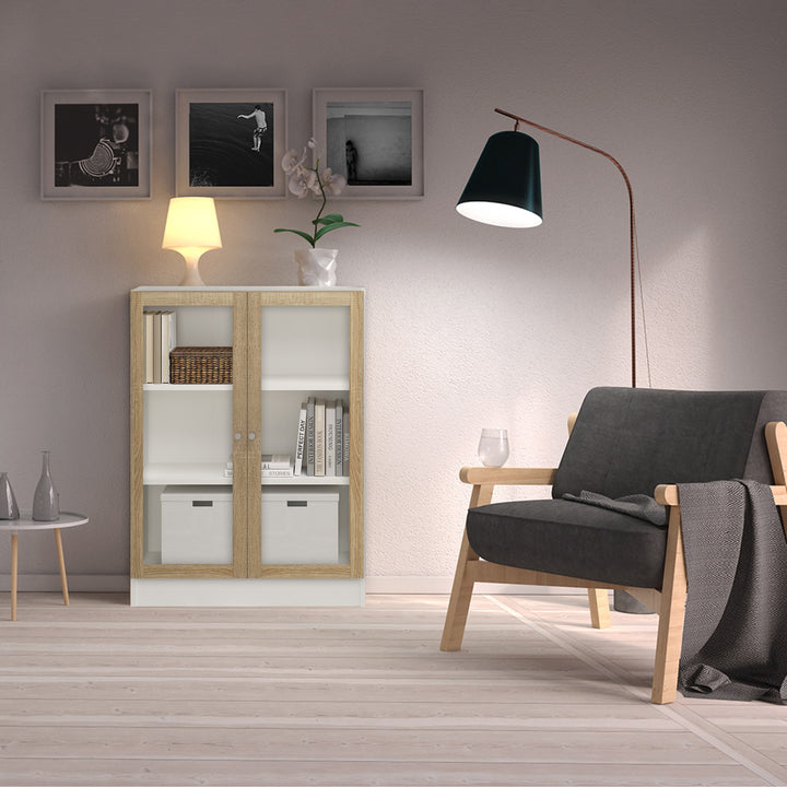Basic Low Wide Display Cabinet in White (2 Shelves) with 2 Glass Doors in Oak