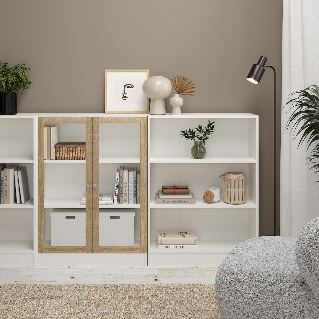 Basic Low Wide Display Cabinet in White (2 Shelves) with 2 Glass Doors in Oak