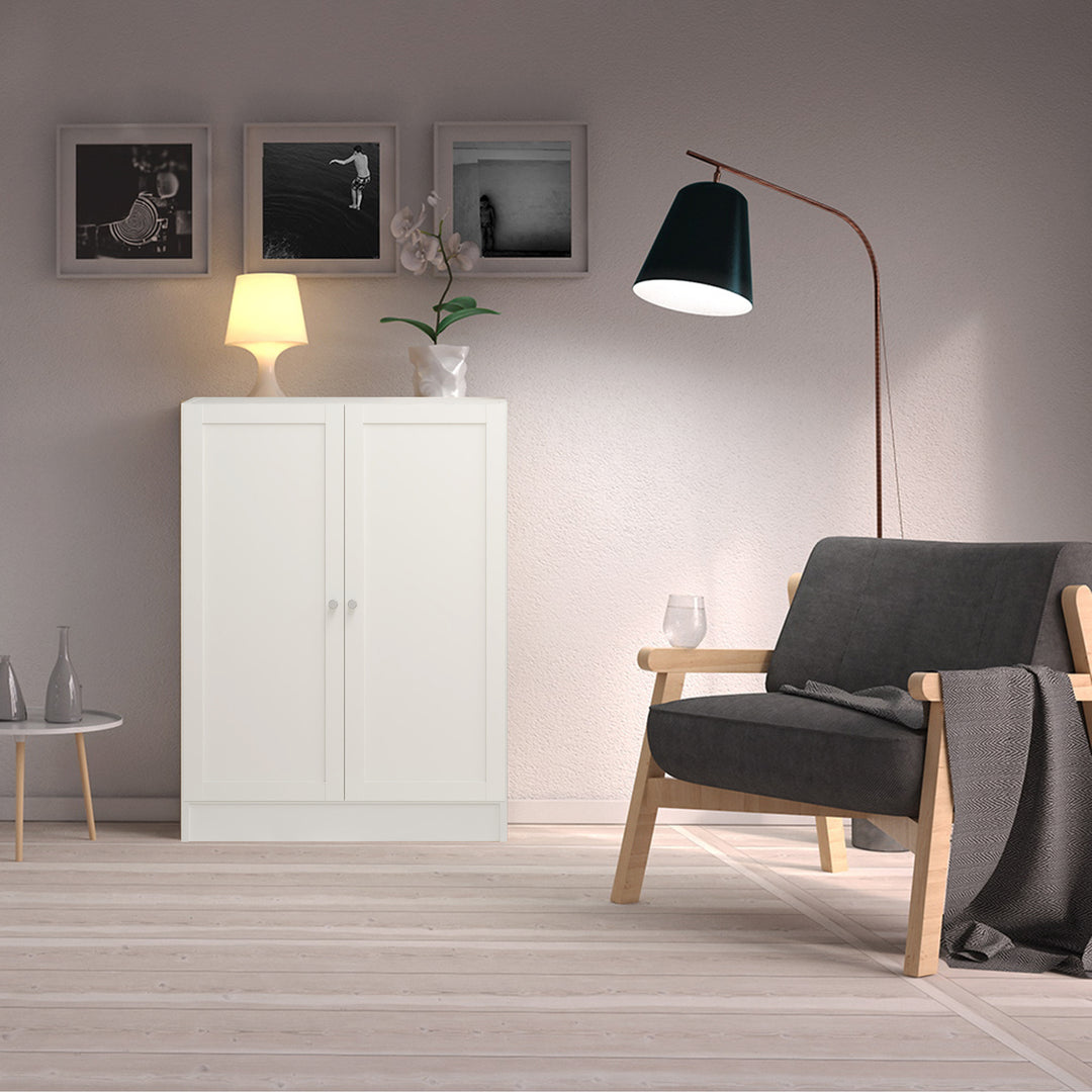 Basic Low Wide Storage Cabinet in White (2 Shelves) with 2 White Doors