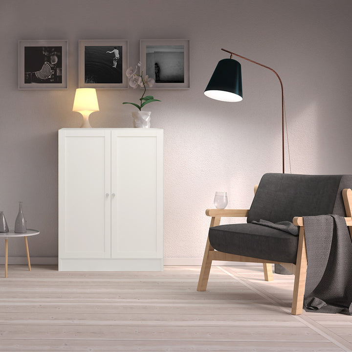 Basic Low Wide Storage Cabinet in White (2 Shelves) with 2 White Doors