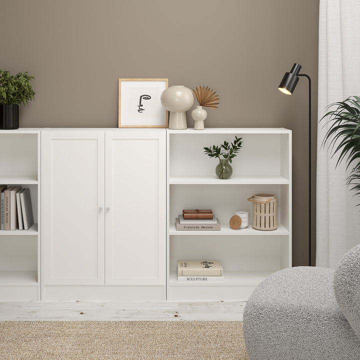 Basic Low Wide Storage Cabinet in White (2 Shelves) with 2 White Doors
