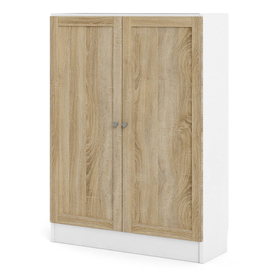 Basic Low Wide Storage Cabinet in White (2 Shelves) with 2 Oak Doors