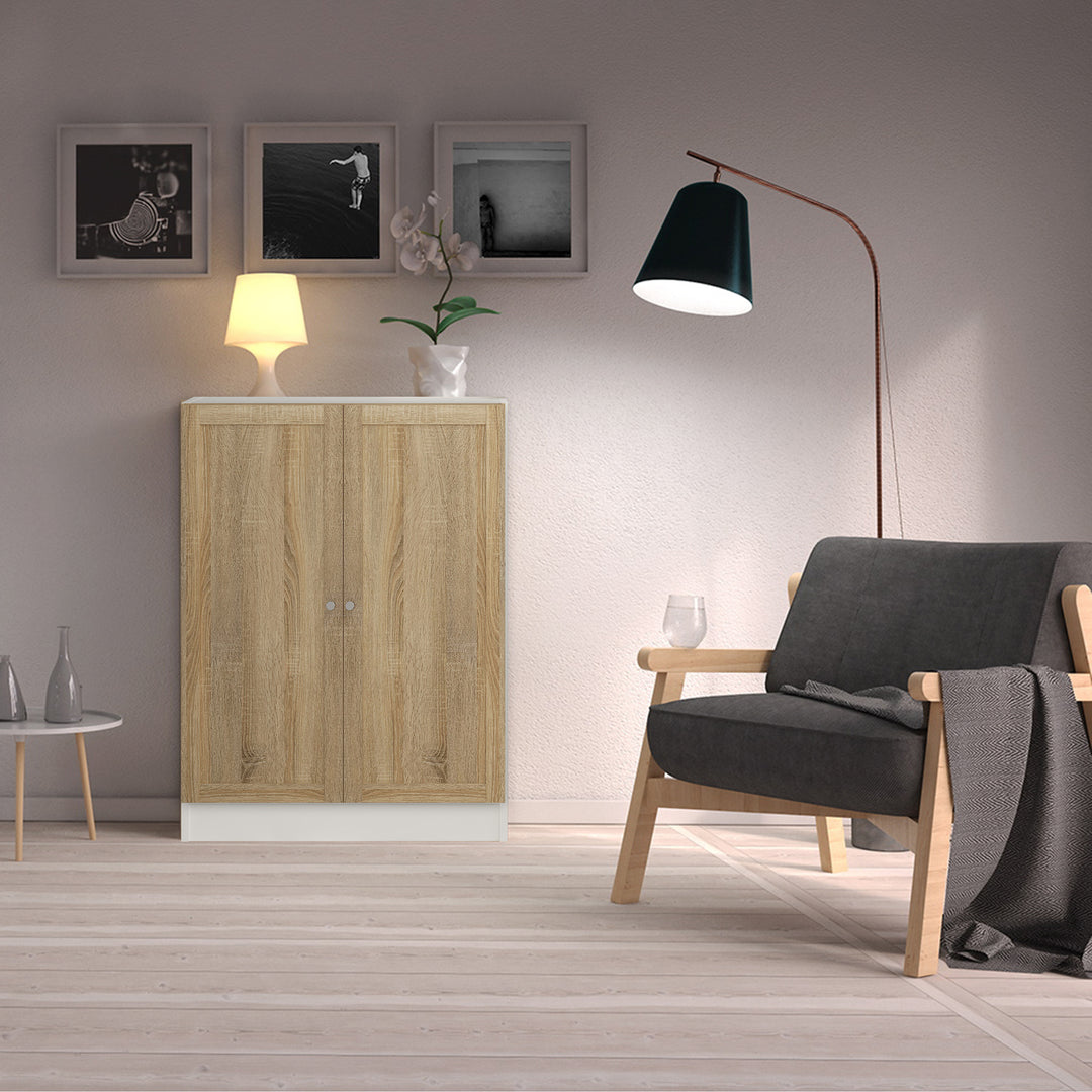 Basic Low Wide Storage Cabinet in White (2 Shelves) with 2 Oak Doors