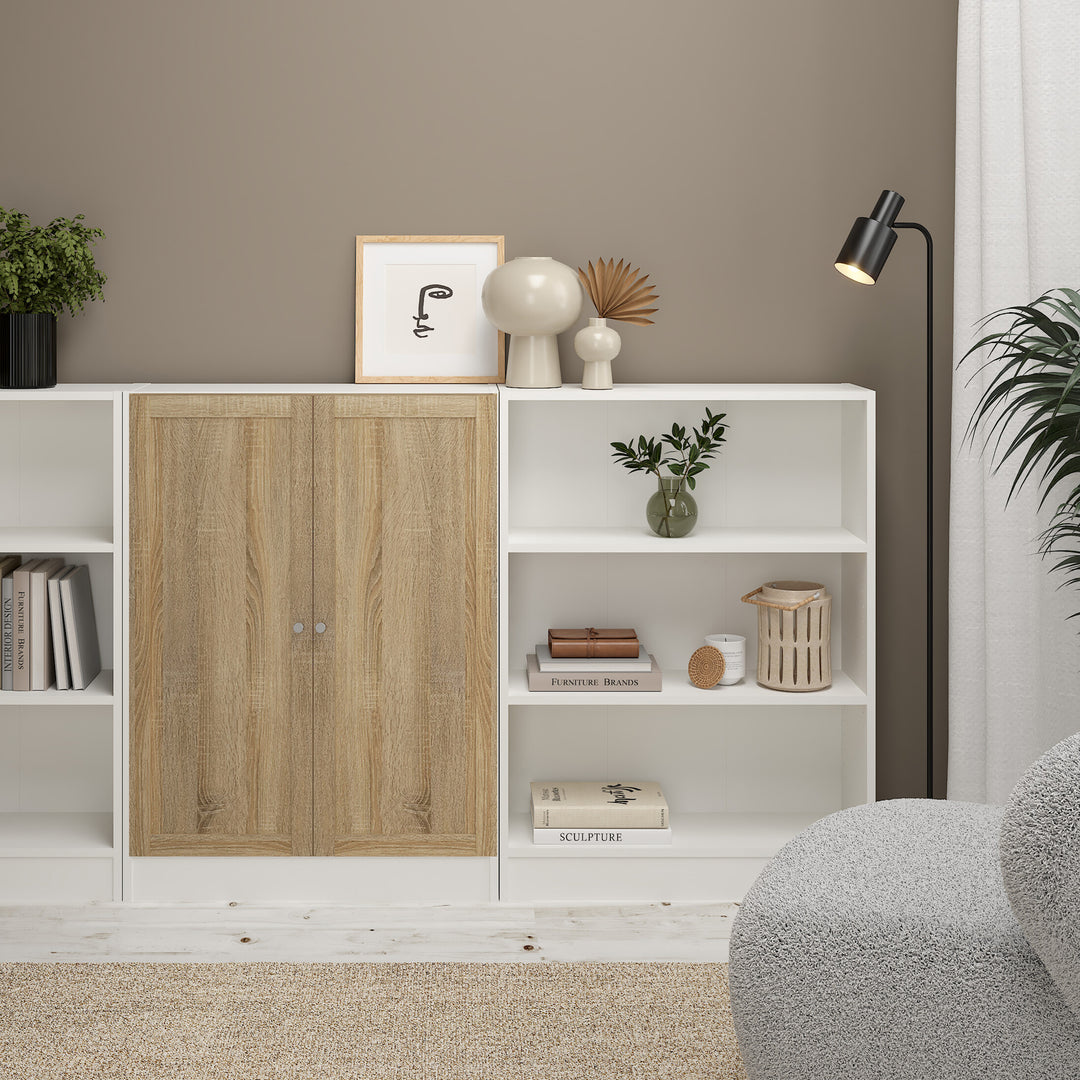 Basic Low Wide Storage Cabinet in White (2 Shelves) with 2 Oak Doors