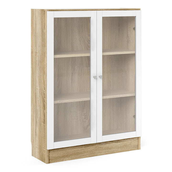 Basic Low Wide Display Cabinet in Oak (2 Shelves) with 2 Glass Doors in White