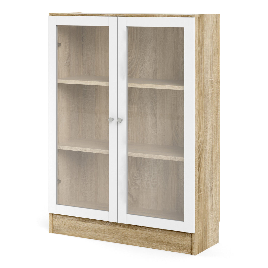Basic Low Wide Display Cabinet in Oak (2 Shelves) with 2 Glass Doors in White
