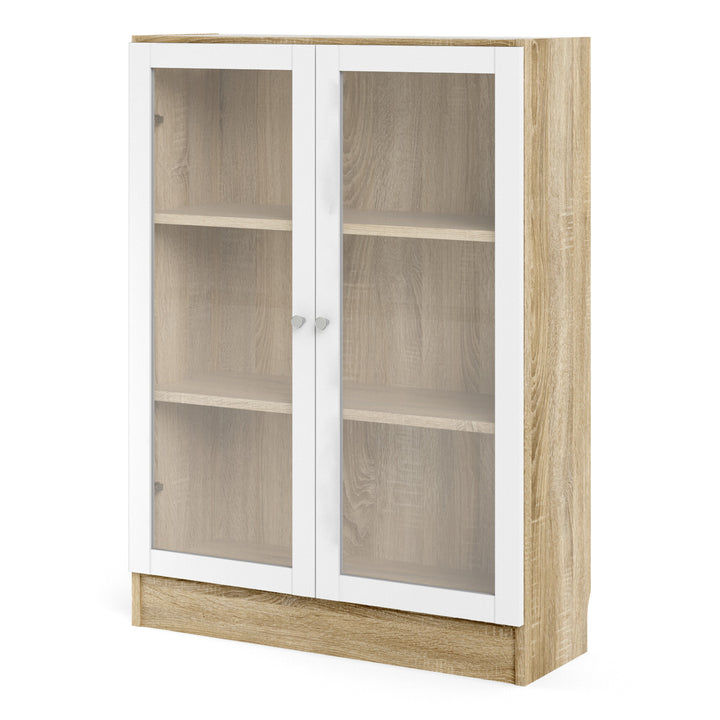 Basic Low Wide Display Cabinet in Oak (2 Shelves) with 2 Glass Doors in White