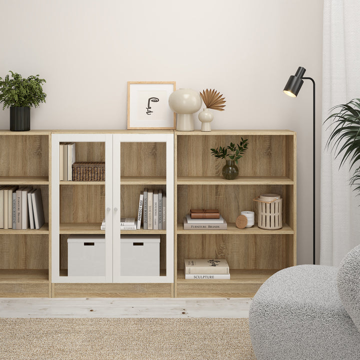 Basic Low Wide Display Cabinet in Oak (2 Shelves) with 2 Glass Doors in White