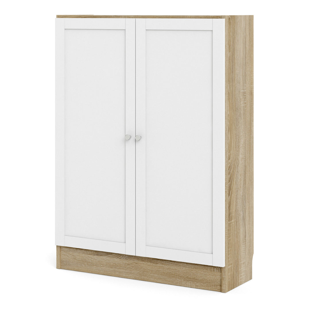 Basic Low Wide Storage Cabinet in Oak (2 Shelves) with 2 White Doors