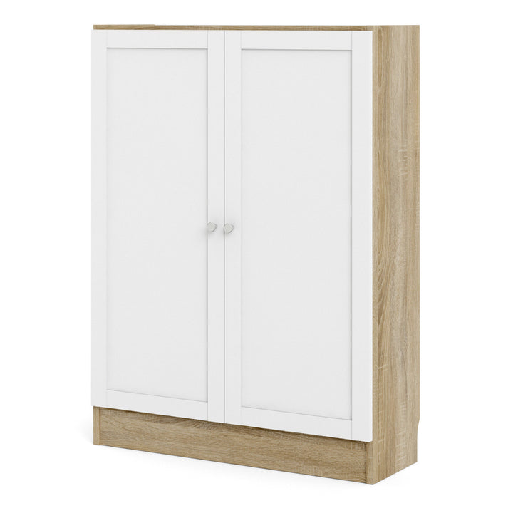 Basic Low Wide Storage Cabinet in Oak (2 Shelves) with 2 White Doors