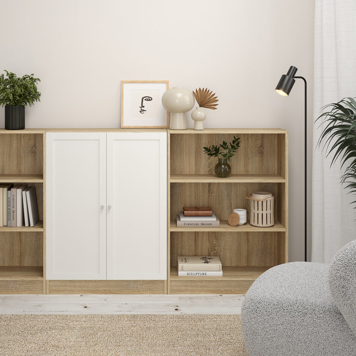 Basic Low Wide Storage Cabinet in Oak (2 Shelves) with 2 White Doors