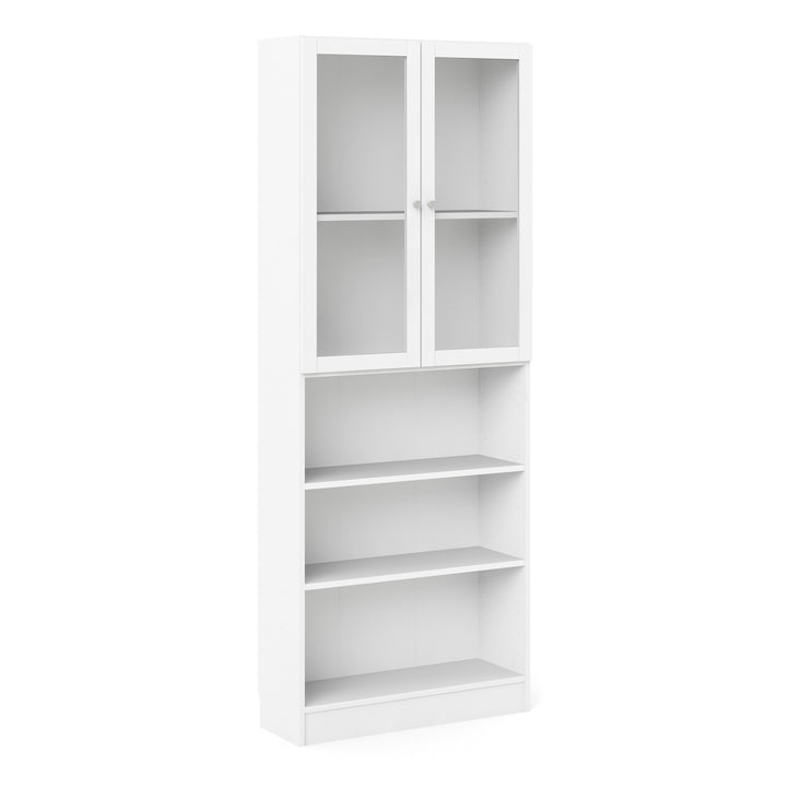 Basic Tall Wide Display Cabinet in White (4 Shelves) with 2 Glass White Doors