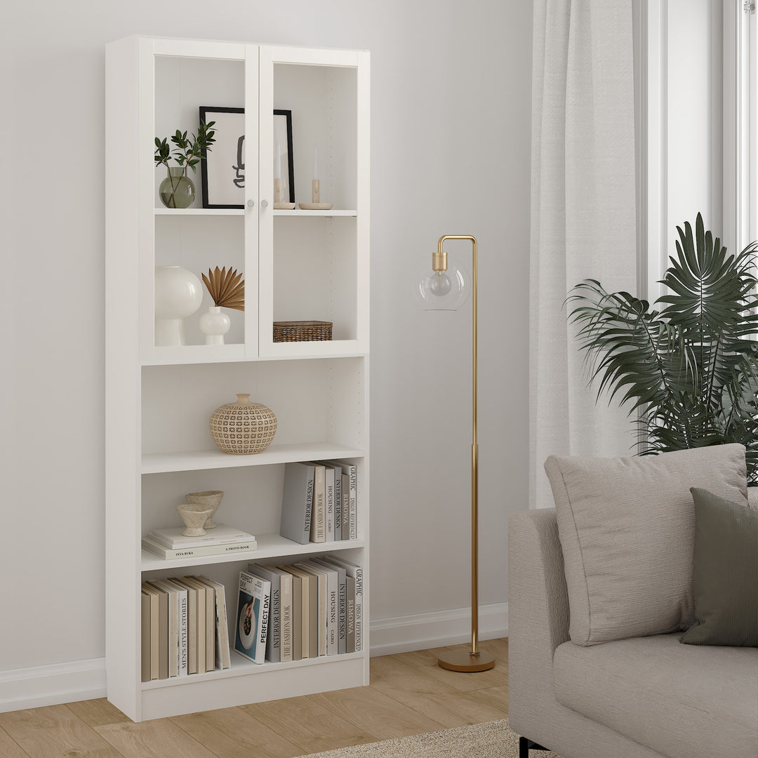 Basic Tall Wide Display Cabinet in White (4 Shelves) with 2 Glass White Doors