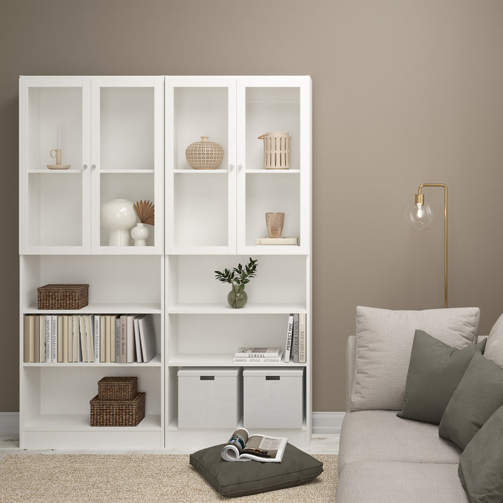 Basic Tall Wide Display Cabinet in White (4 Shelves) with 2 Glass White Doors