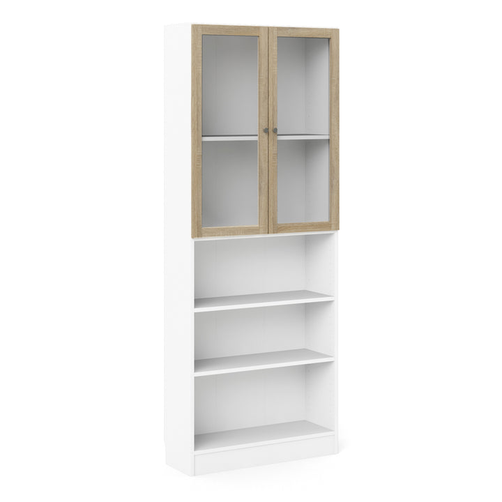 Basic Tall Wide Display Cabinet in White (4 Shelves) with 2 Glass Oak Doors