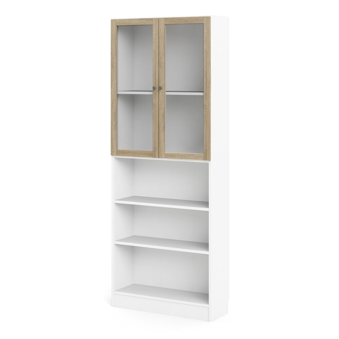 Basic Tall Wide Display Cabinet in White (4 Shelves) with 2 Glass Oak Doors