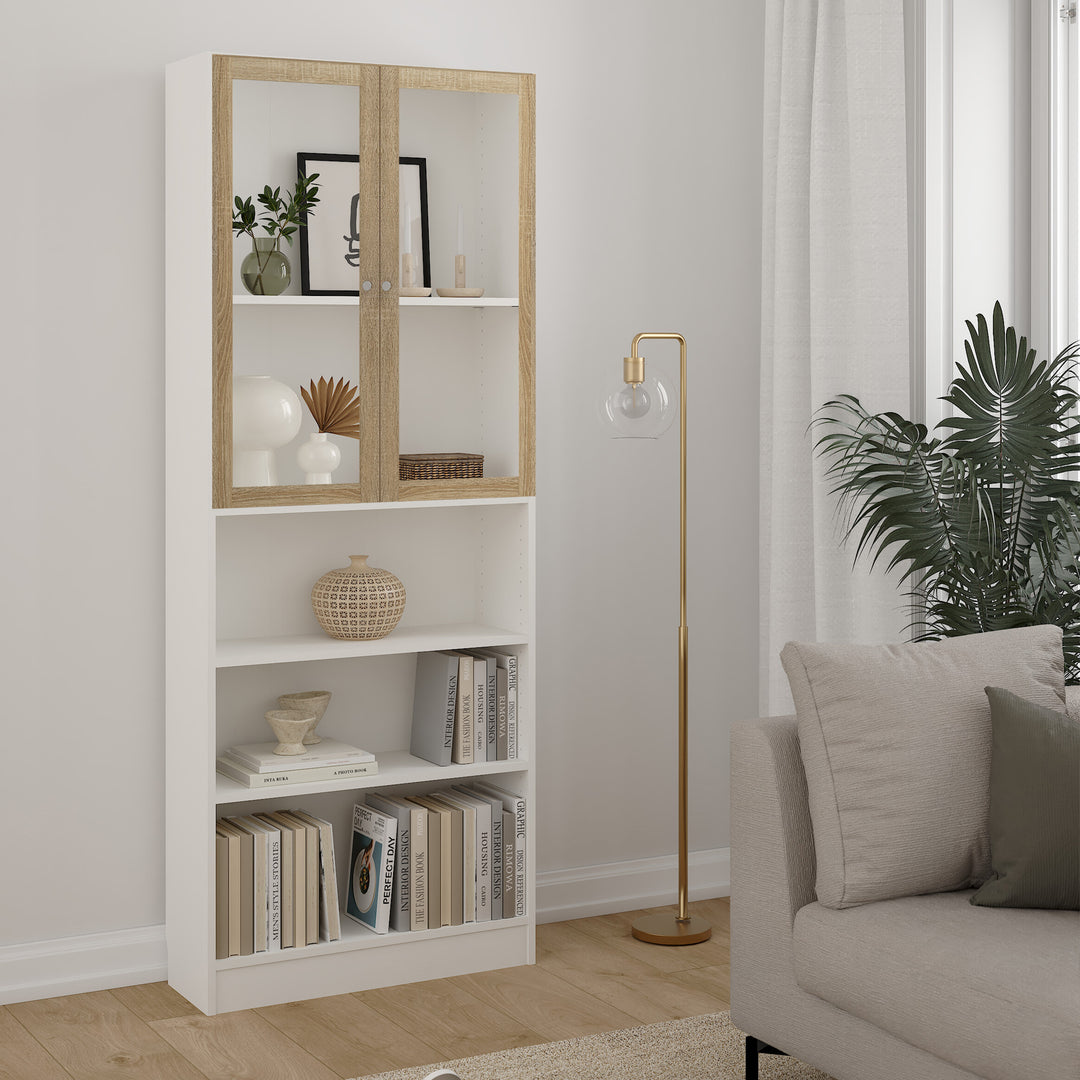 Basic Tall Wide Display Cabinet in White (4 Shelves) with 2 Glass Oak Doors