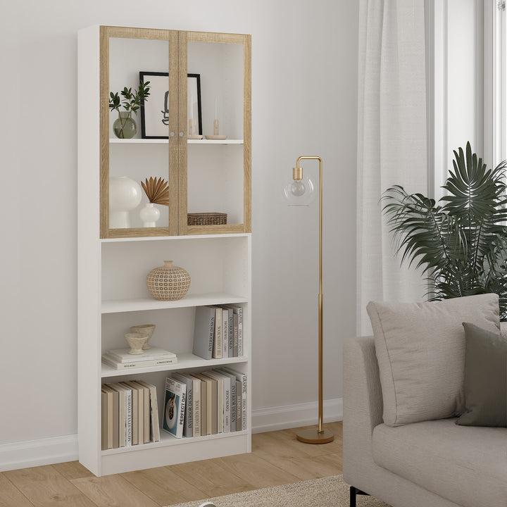 Basic Tall Wide Display Cabinet in White (4 Shelves) with 2 Glass Oak Doors