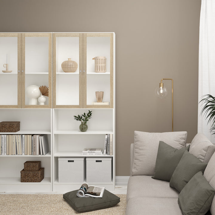 Basic Tall Wide Display Cabinet in White (4 Shelves) with 2 Glass Oak Doors