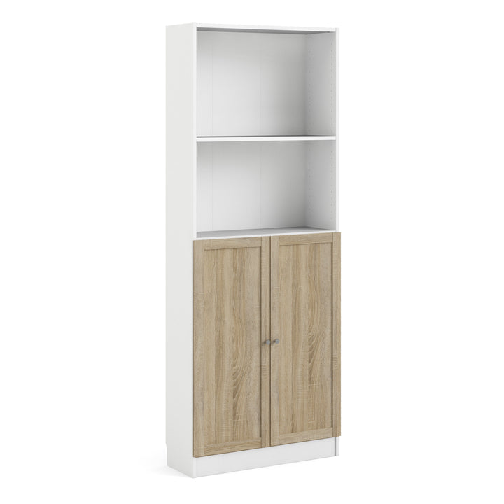 Basic Tall Wide Combination Storage in White 4 Shelves with 2 Oak Doors