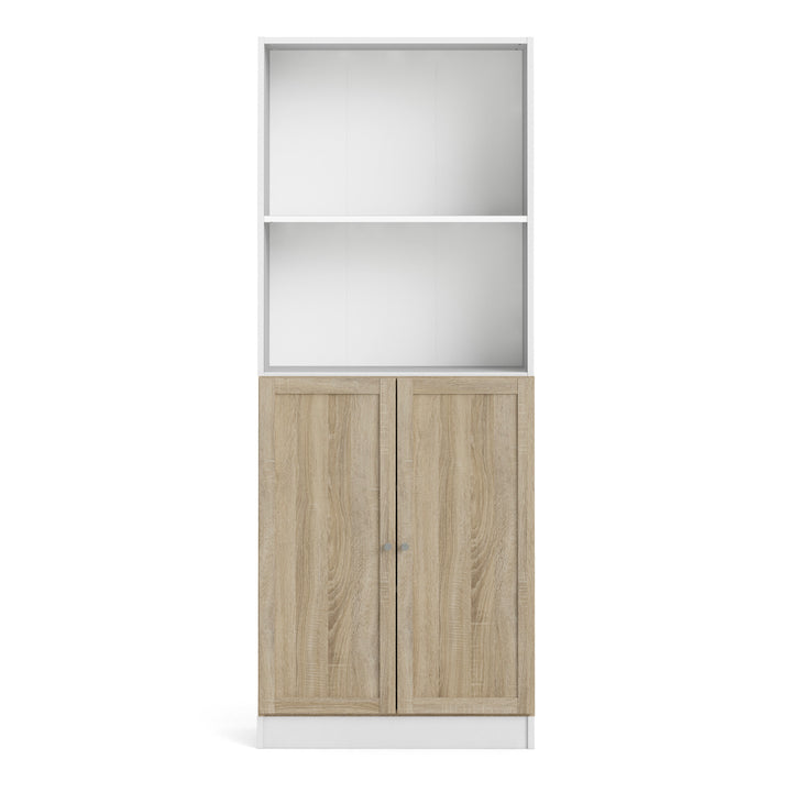 Basic Tall Wide Combination Storage in White 4 Shelves with 2 Oak Doors