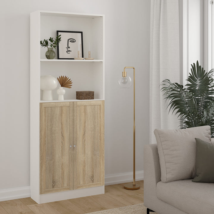 Basic Tall Wide Combination Storage in White 4 Shelves with 2 Oak Doors