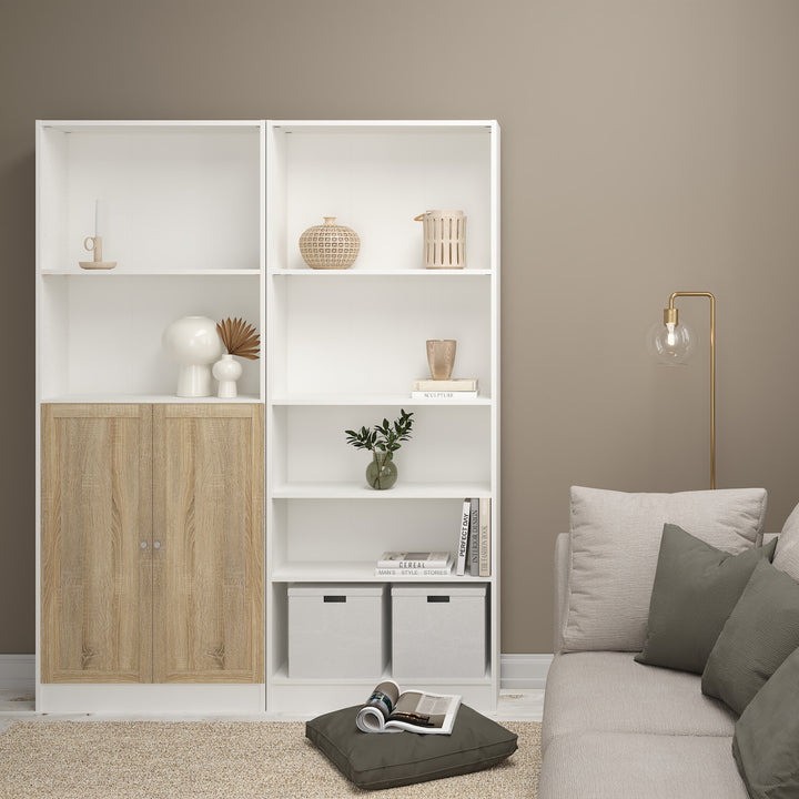 Basic Tall Wide Combination Storage in White 4 Shelves with 2 Oak Doors