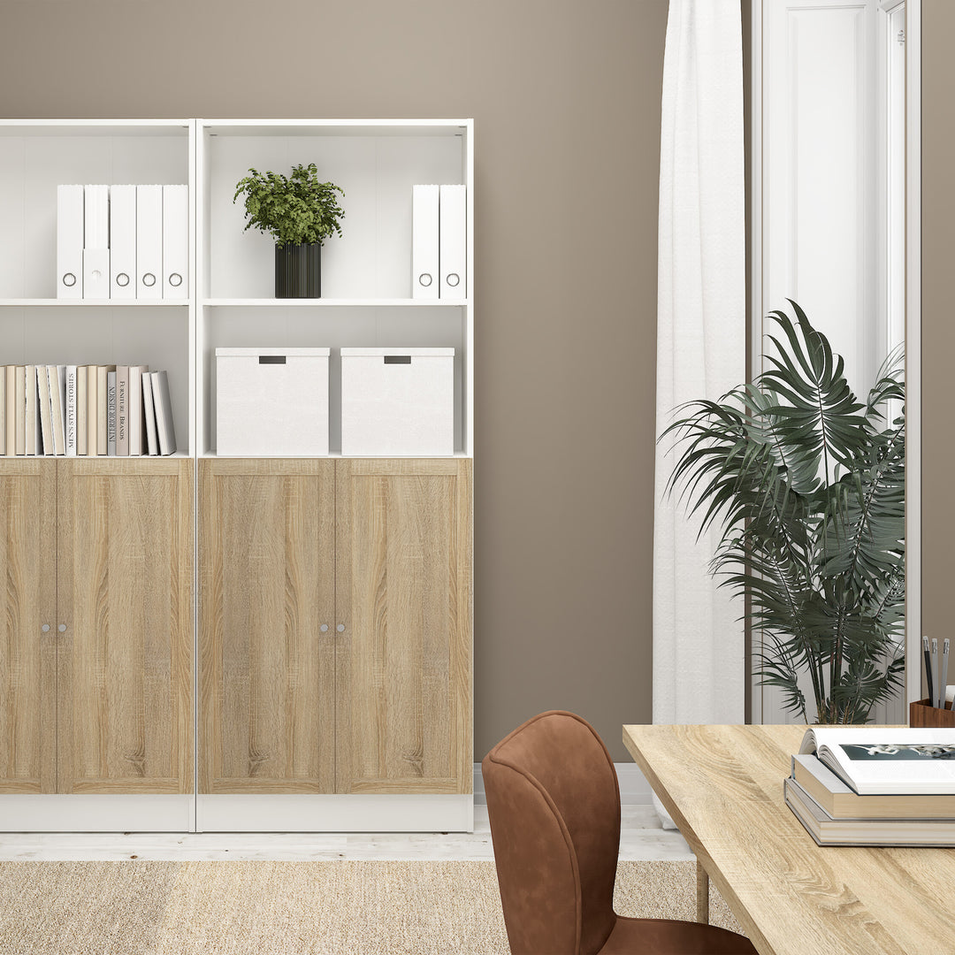 Basic Tall Wide Combination Storage in White 4 Shelves with 2 Oak Doors