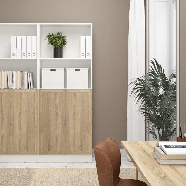 Basic Tall Wide Combination Storage in White 4 Shelves with 2 Oak Doors